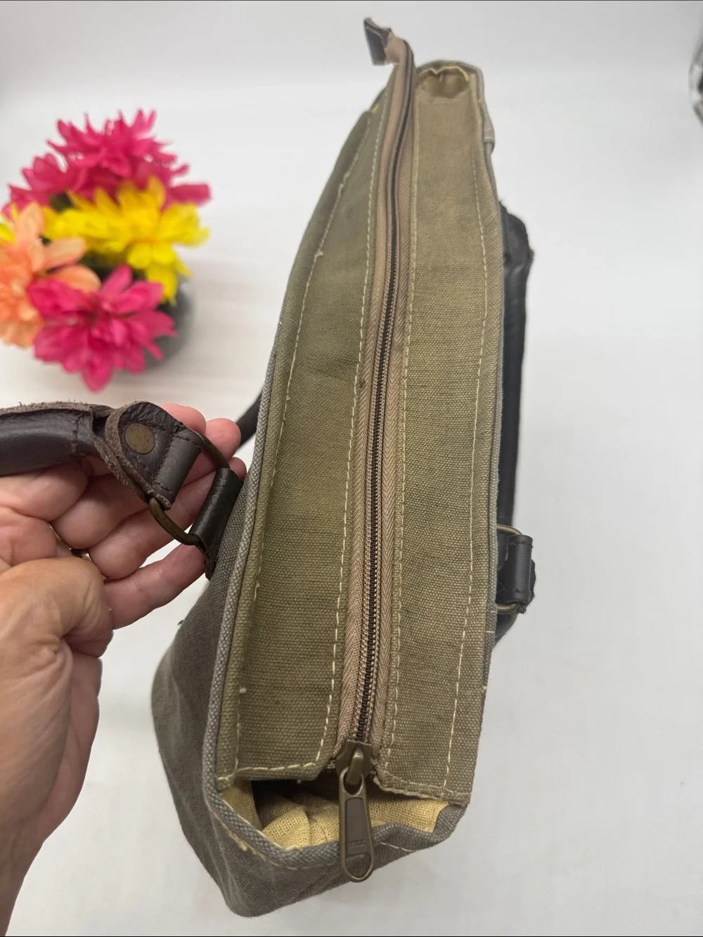 Vintage Addiction Canvas Tote Bag with Camouflage Patch - Olive Green